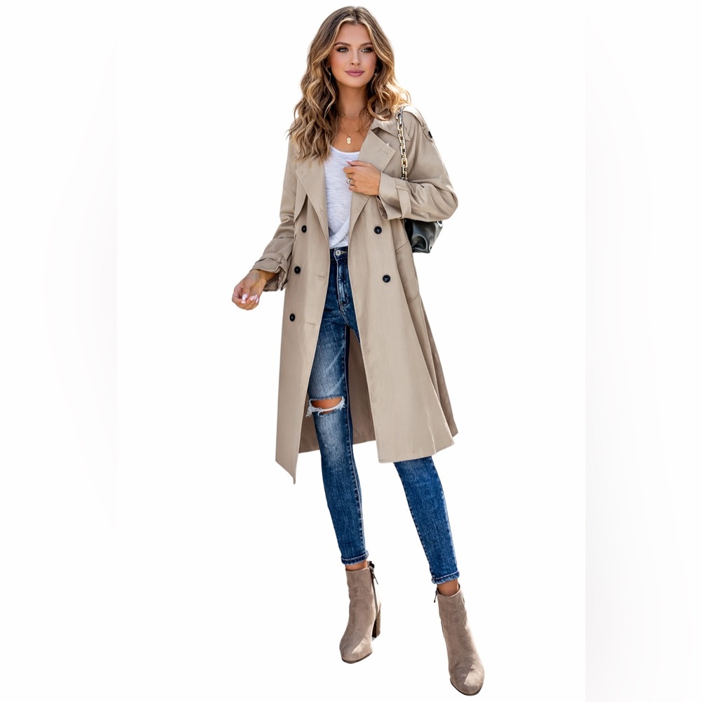 Women’s Slim Fit Tailored Double Breasted Khaki Trench Coat Jacket - Picture 2 of 3